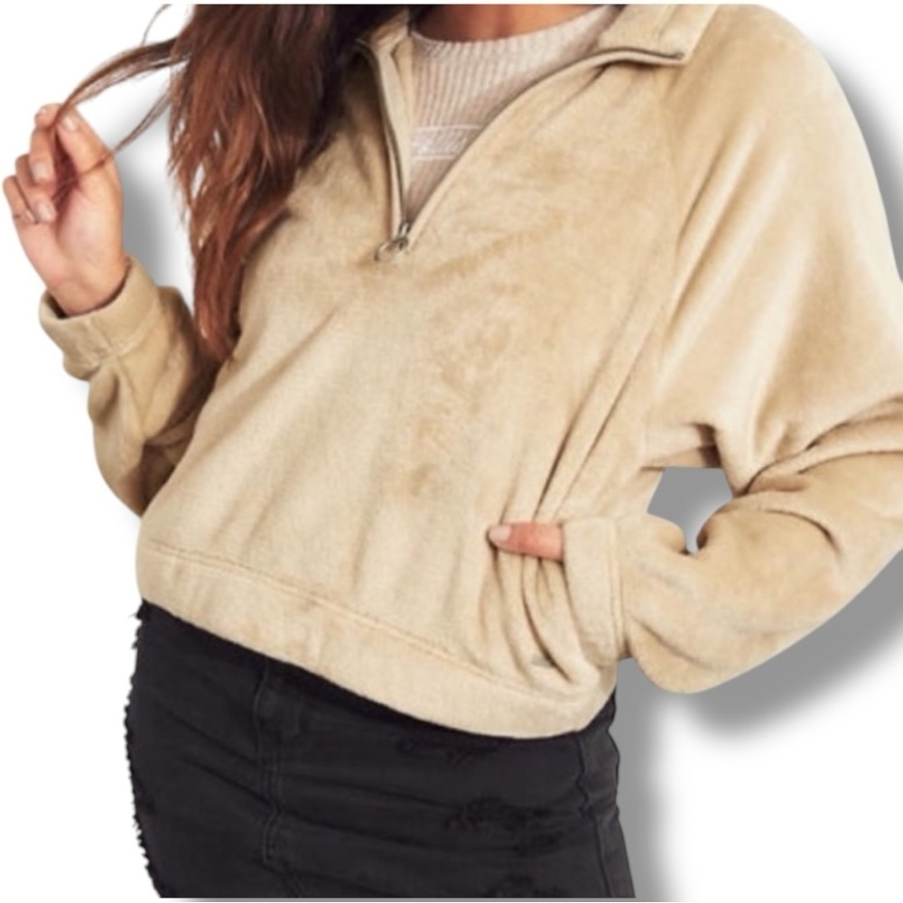 Hollister Super Soft Large Cozy Tan Faux Fur Quarter-Zip Pullover Fleece - Picture 1 of 15